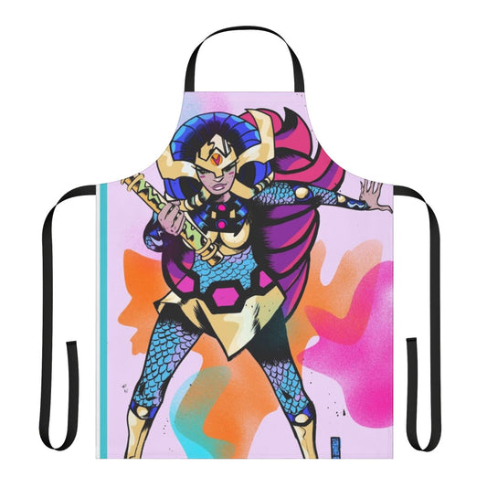 Colorful apron featuring a superhero character with neon and pastel design