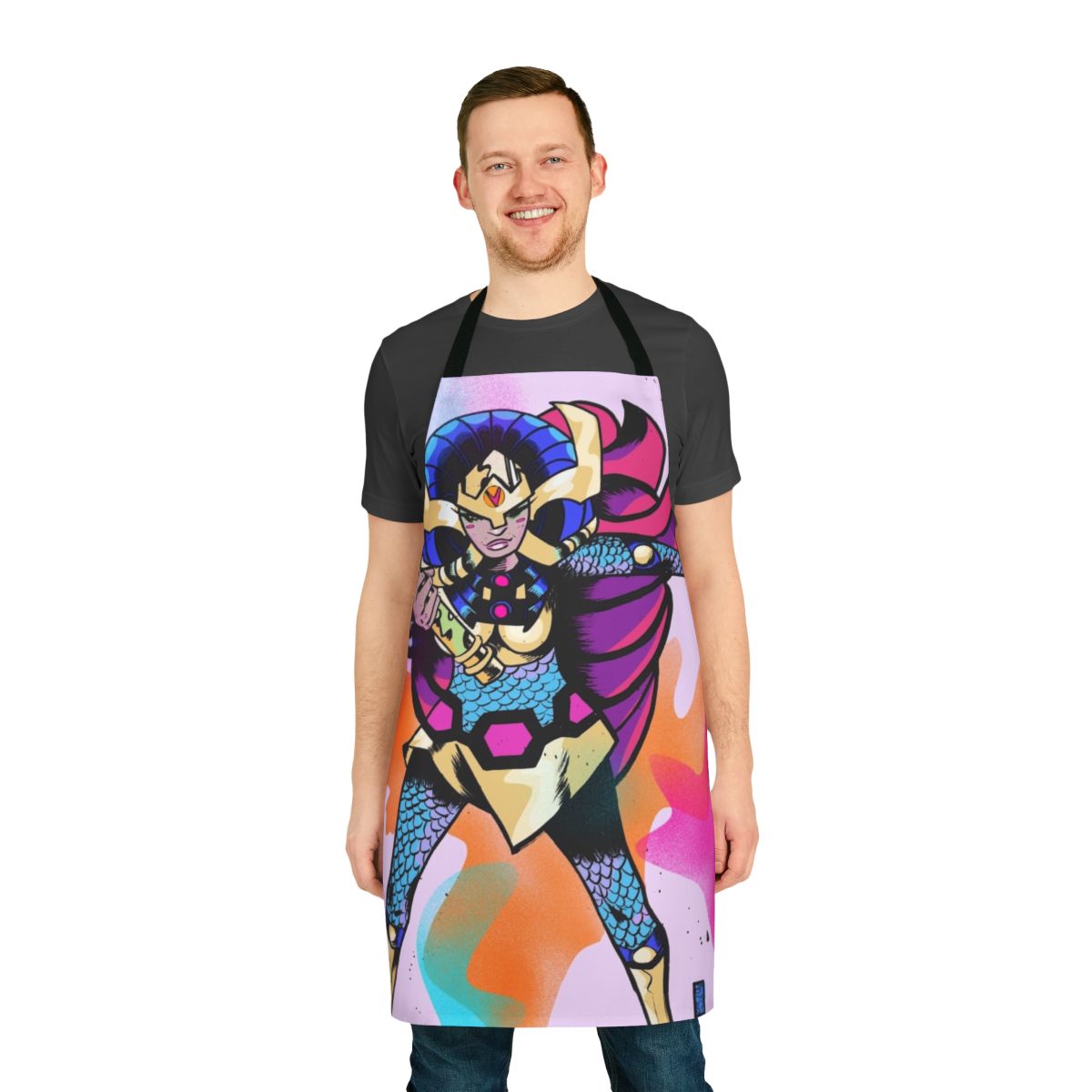 Colorful apron featuring a superhero character with neon and pastel design