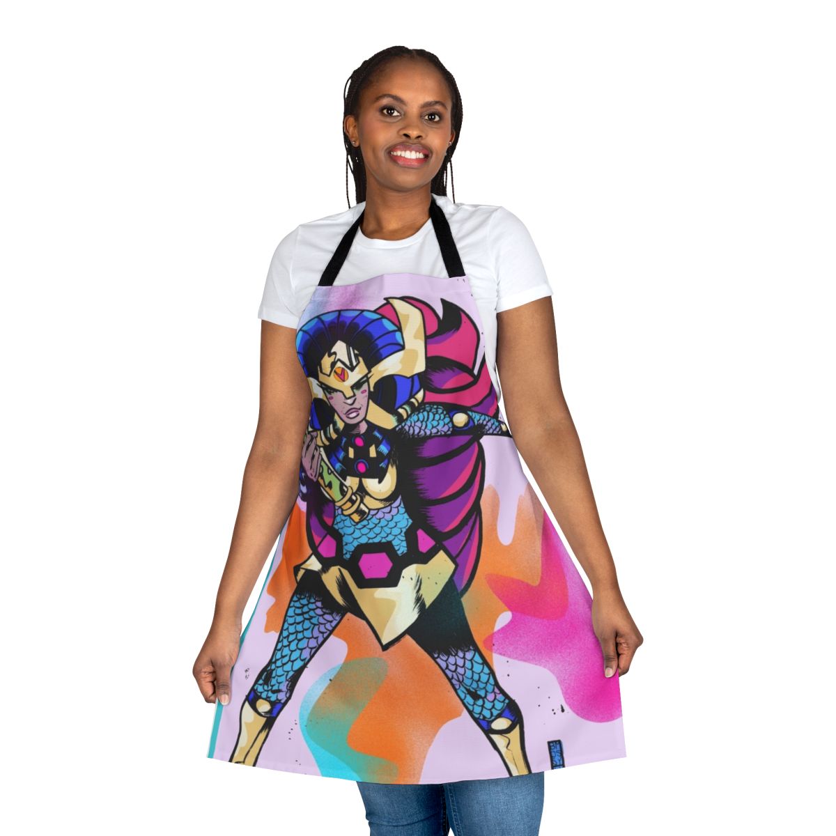 Colorful apron featuring a superhero character with neon and pastel design
