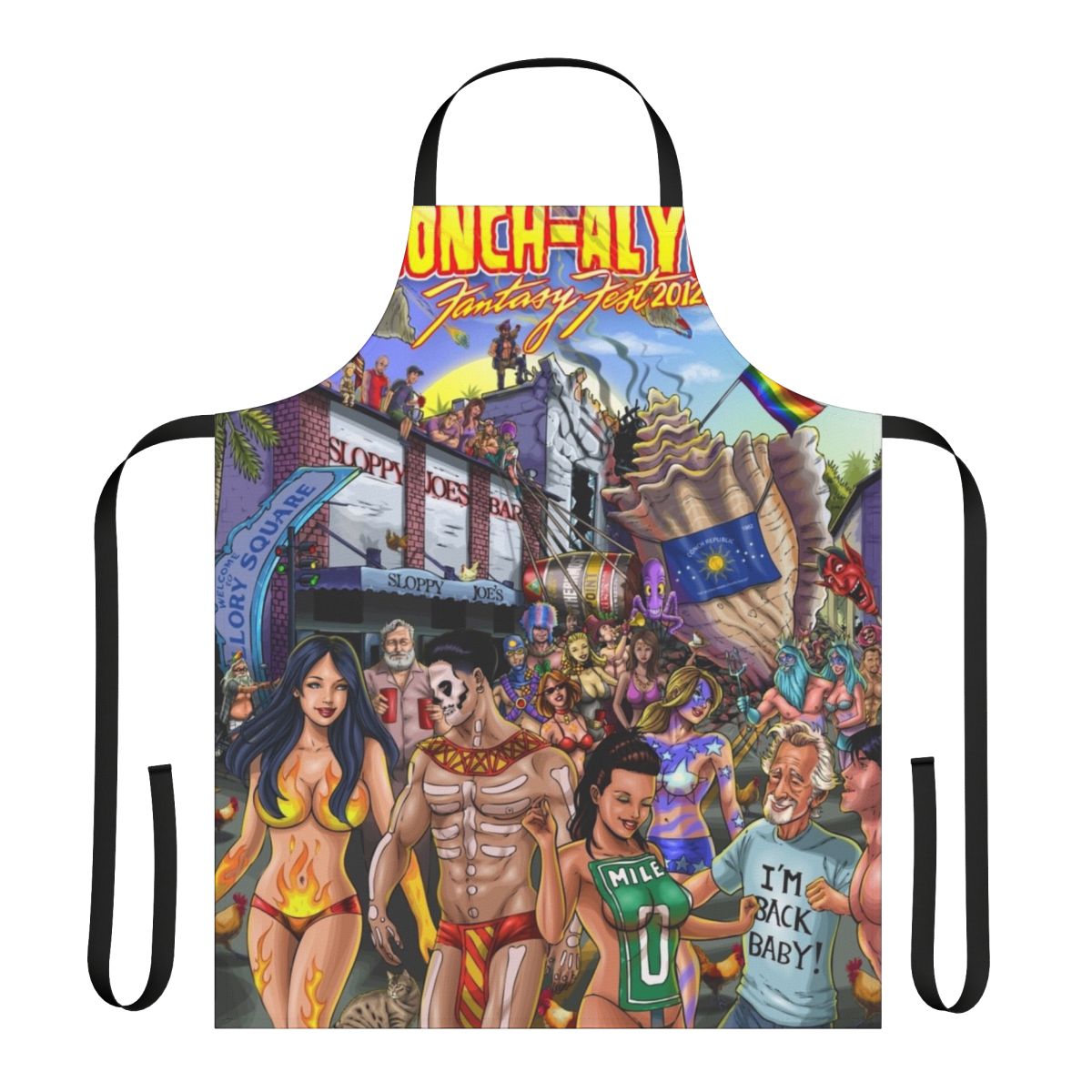 Shevibe's vibrant superhero-themed apron for Key West Fantasy Fest