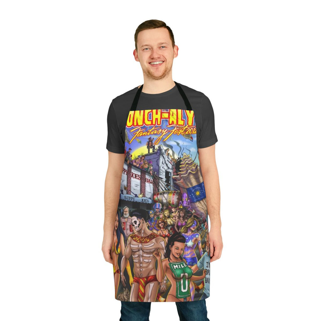 Shevibe's vibrant superhero-themed apron for Key West Fantasy Fest