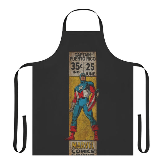 A retro-style apron featuring comic book-inspired artwork and the Puerto Rican flag