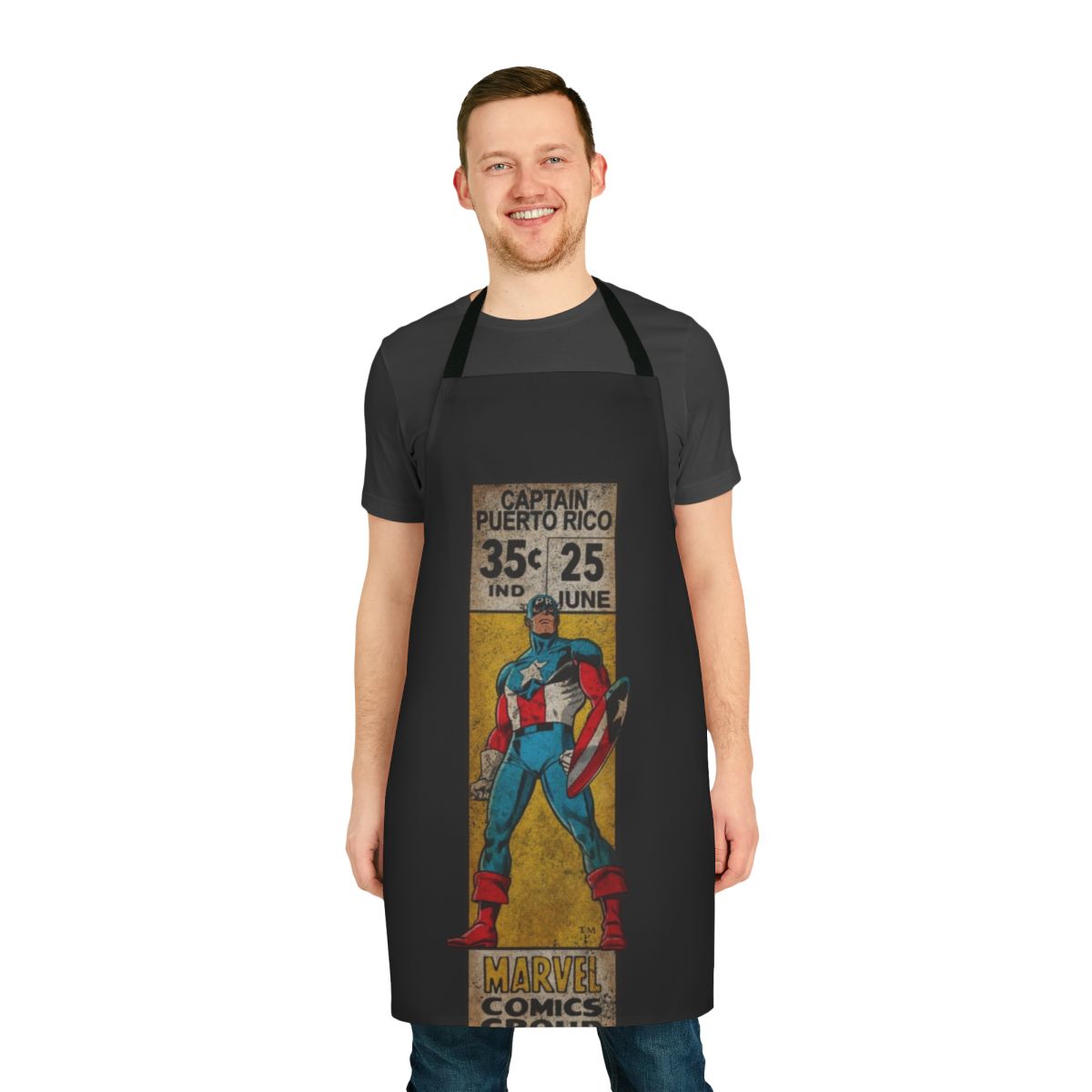 A retro-style apron featuring comic book-inspired artwork and the Puerto Rican flag