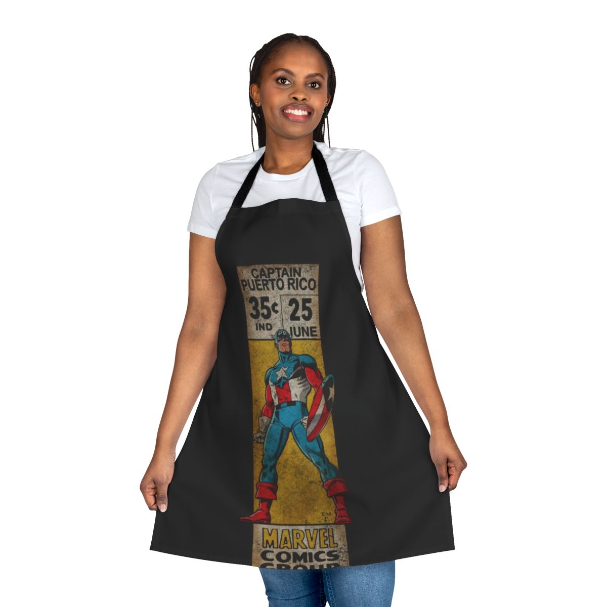 A retro-style apron featuring comic book-inspired artwork and the Puerto Rican flag