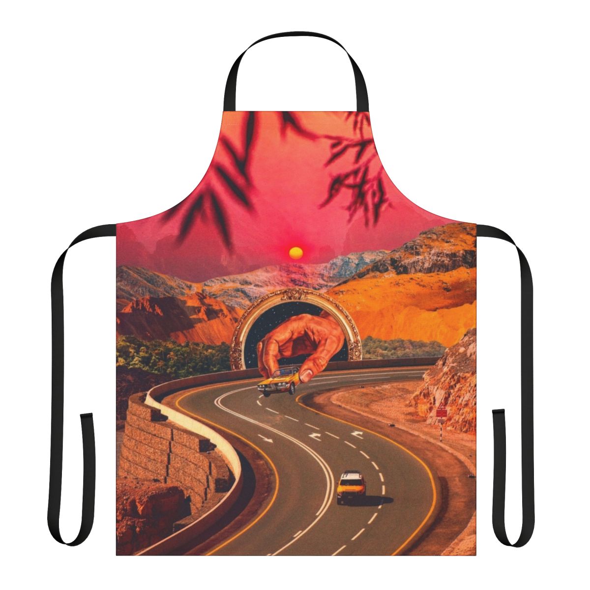 Colorful, surreal collage design with vintage cars, space elements, and abstract hills, printed on a high-quality kitchen apron.