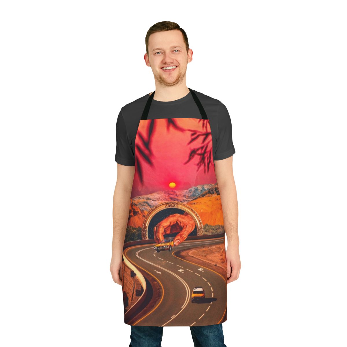Colorful, surreal collage design with vintage cars, space elements, and abstract hills, printed on a high-quality kitchen apron.