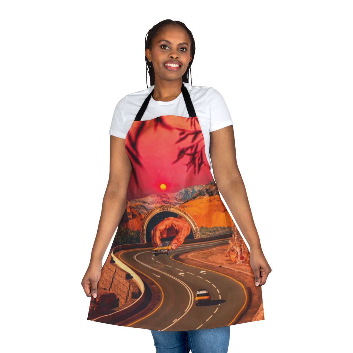 Colorful, surreal collage design with vintage cars, space elements, and abstract hills, printed on a high-quality kitchen apron.