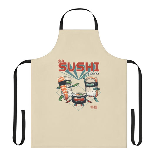 Colorful apron featuring sushi-themed superhero design