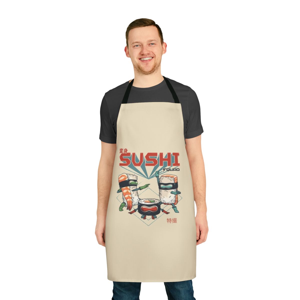 Colorful apron featuring sushi-themed superhero design