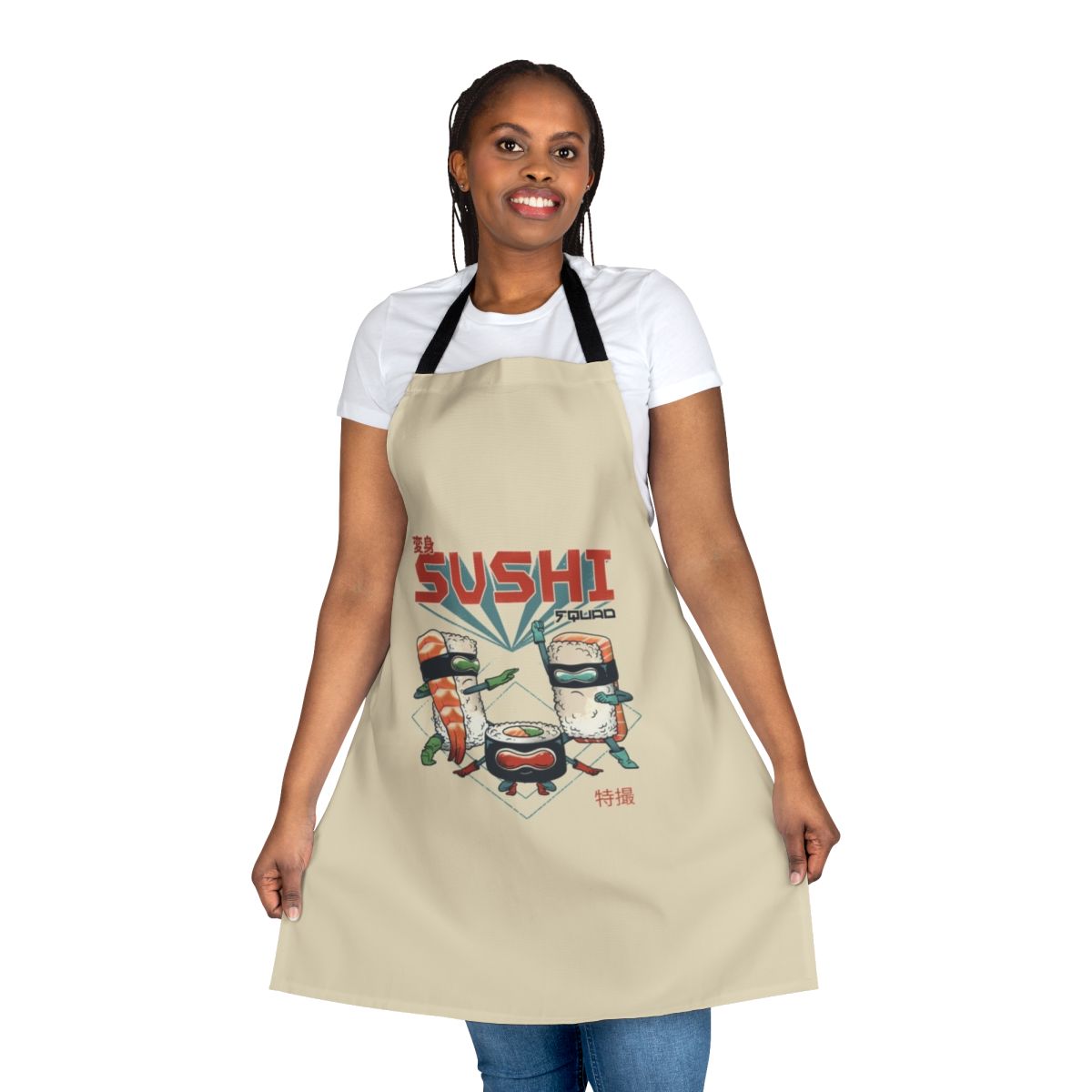 Colorful apron featuring sushi-themed superhero design