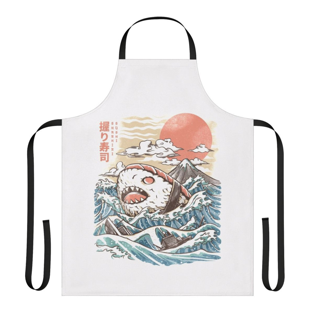 A vibrant apron featuring a sushi-inspired design with an anime-style shark, waves, and other Japanese elements.