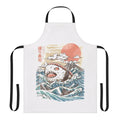 A vibrant apron featuring a sushi-inspired design with an anime-style shark, waves, and other Japanese elements.