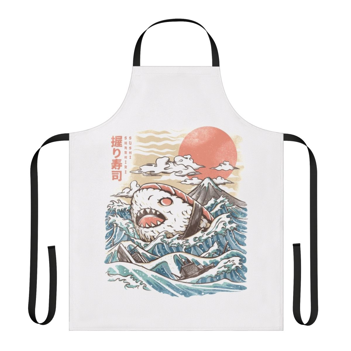 A vibrant apron featuring a sushi-inspired design with an anime-style shark, waves, and other Japanese elements.
