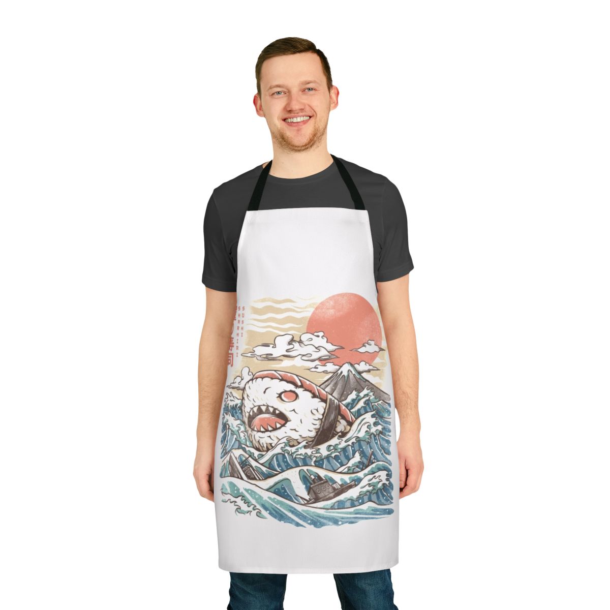 A vibrant apron featuring a sushi-inspired design with an anime-style shark, waves, and other Japanese elements.