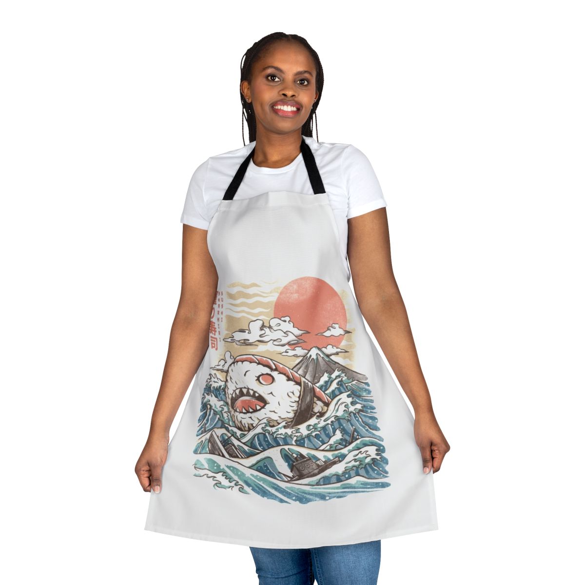 A vibrant apron featuring a sushi-inspired design with an anime-style shark, waves, and other Japanese elements.