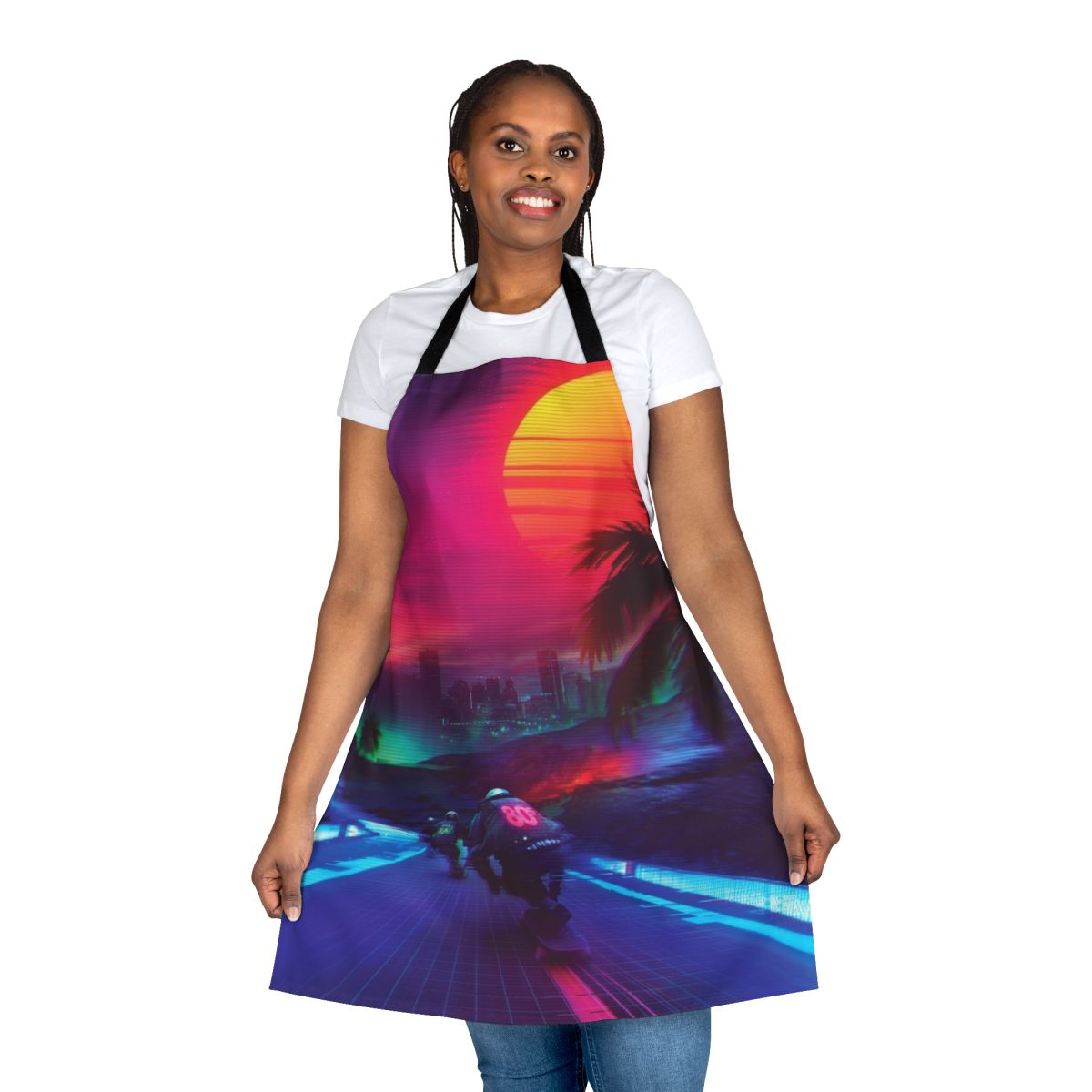 Synthwave-inspired apron with retro 80s and 90s design elements