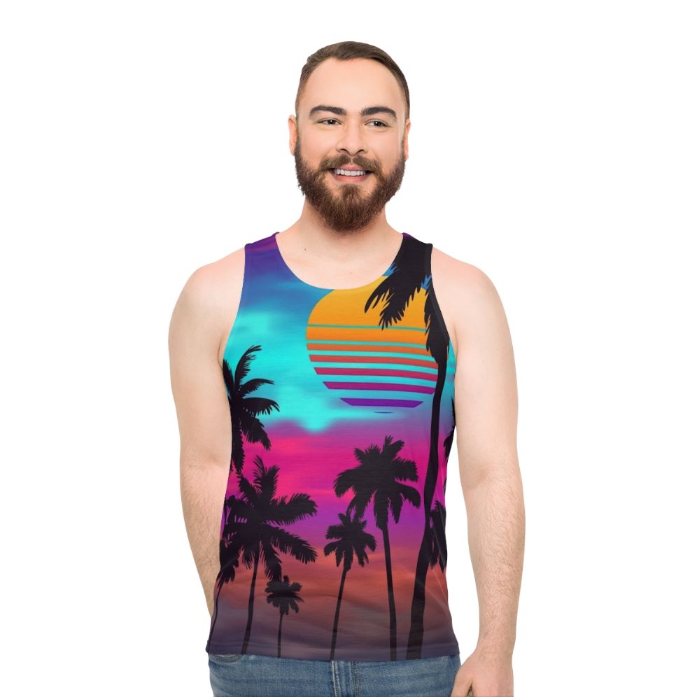 Unisex synthwave tank top with vibrant sunset design