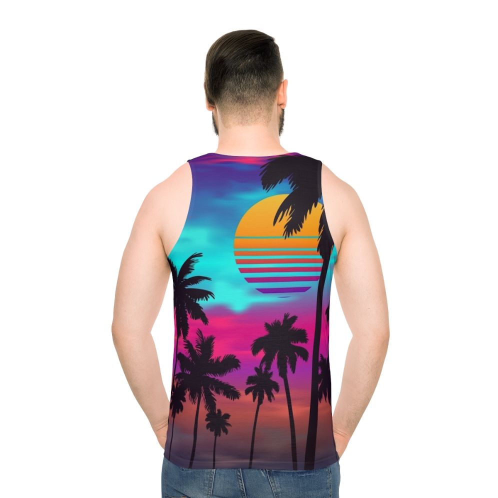 Unisex synthwave tank top with vibrant sunset design