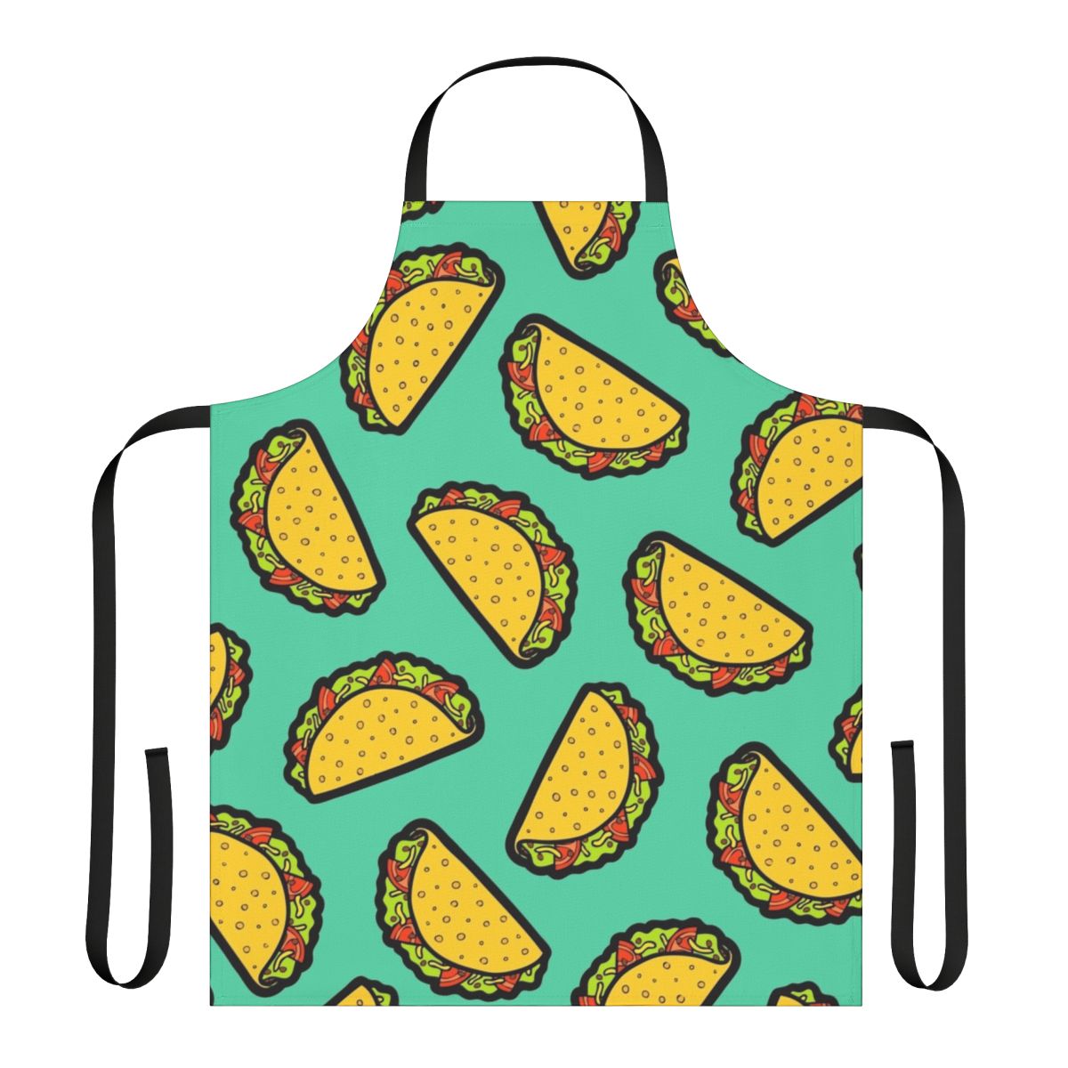 Colorful and whimsical apron featuring a repeating taco pattern in shades of red, green, blue, and yellow.