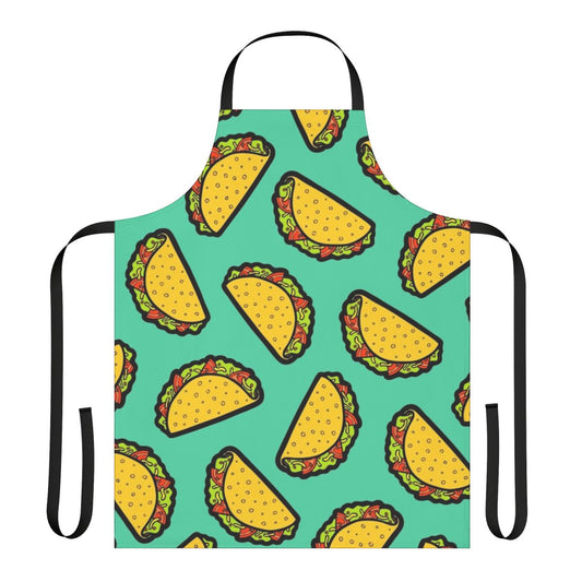 Colorful and whimsical apron featuring a repeating taco pattern in shades of red, green, blue, and yellow.