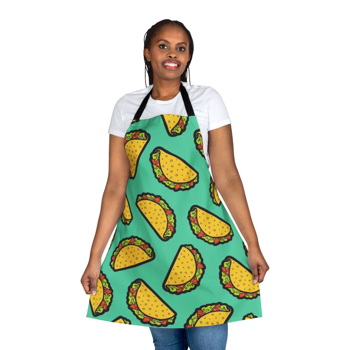 Colorful and whimsical apron featuring a repeating taco pattern in shades of red, green, blue, and yellow.