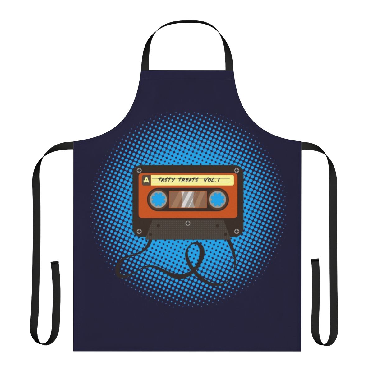 Vibrant multicolored halftone pattern apron with "Tasty Treats Vol 1" text