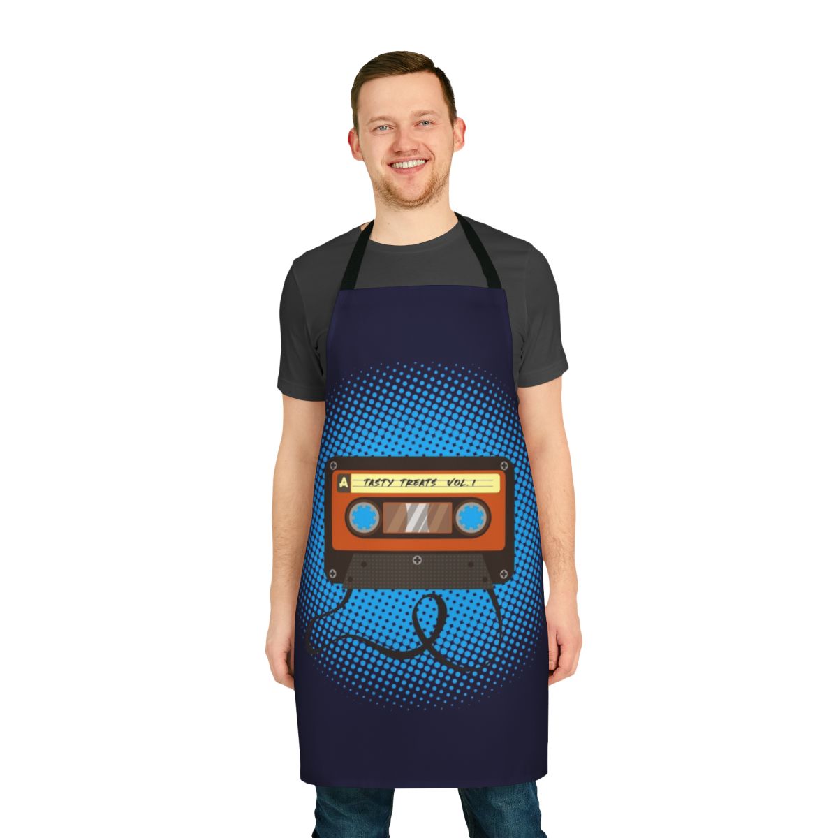Vibrant multicolored halftone pattern apron with "Tasty Treats Vol 1" text