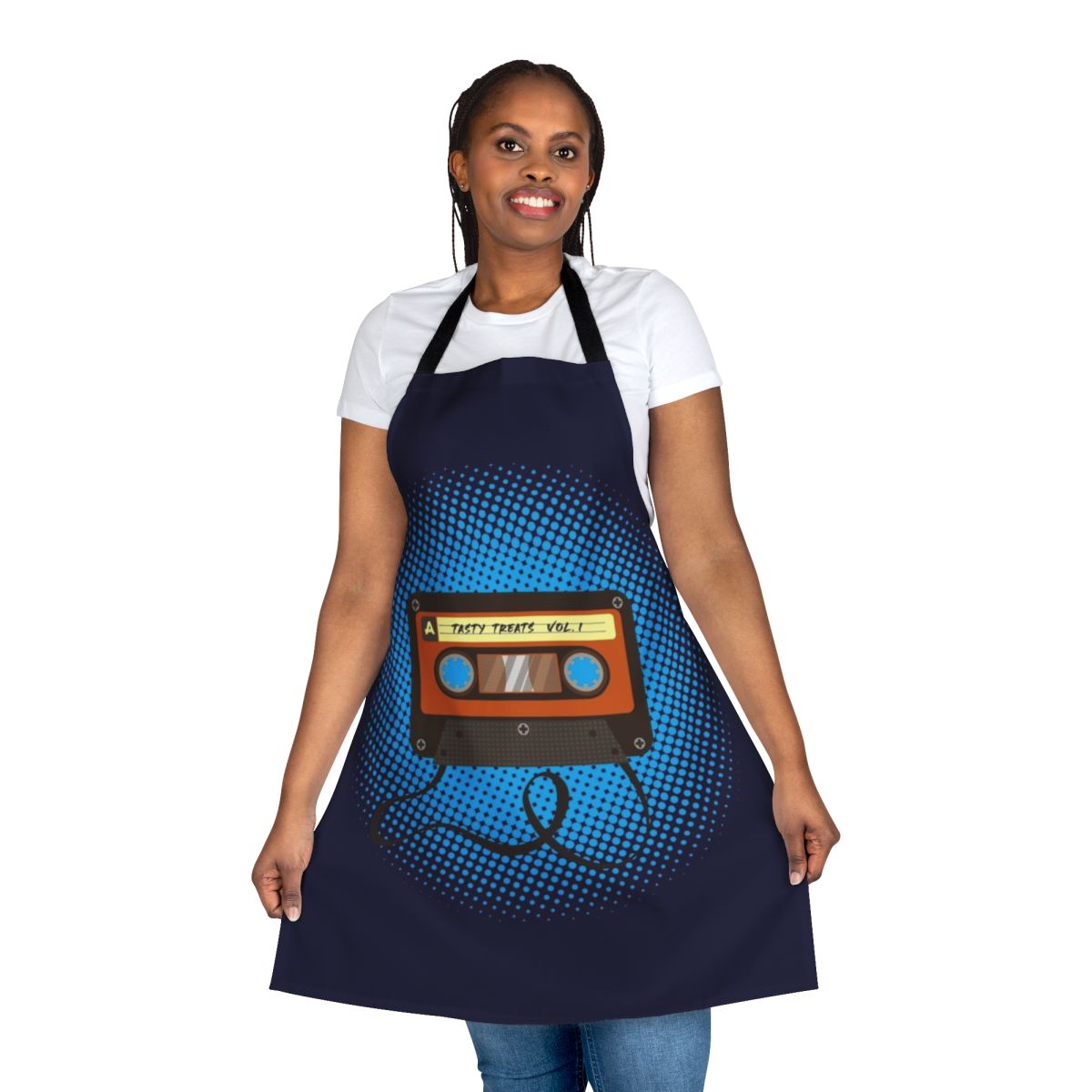 Vibrant multicolored halftone pattern apron with "Tasty Treats Vol 1" text