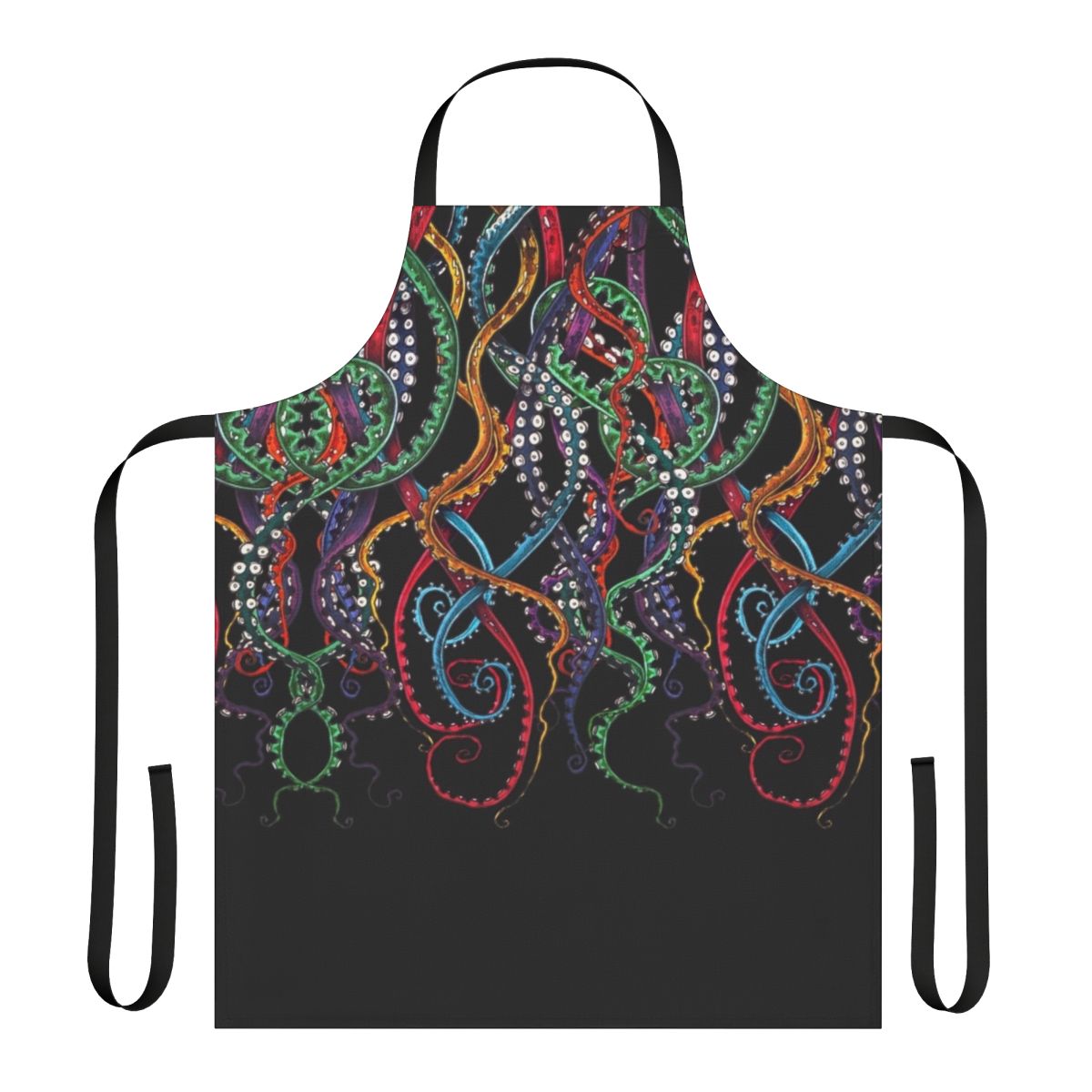 Colorful apron featuring a hand-drawn sketch of vibrant tentacles in a rainbow of hues.
