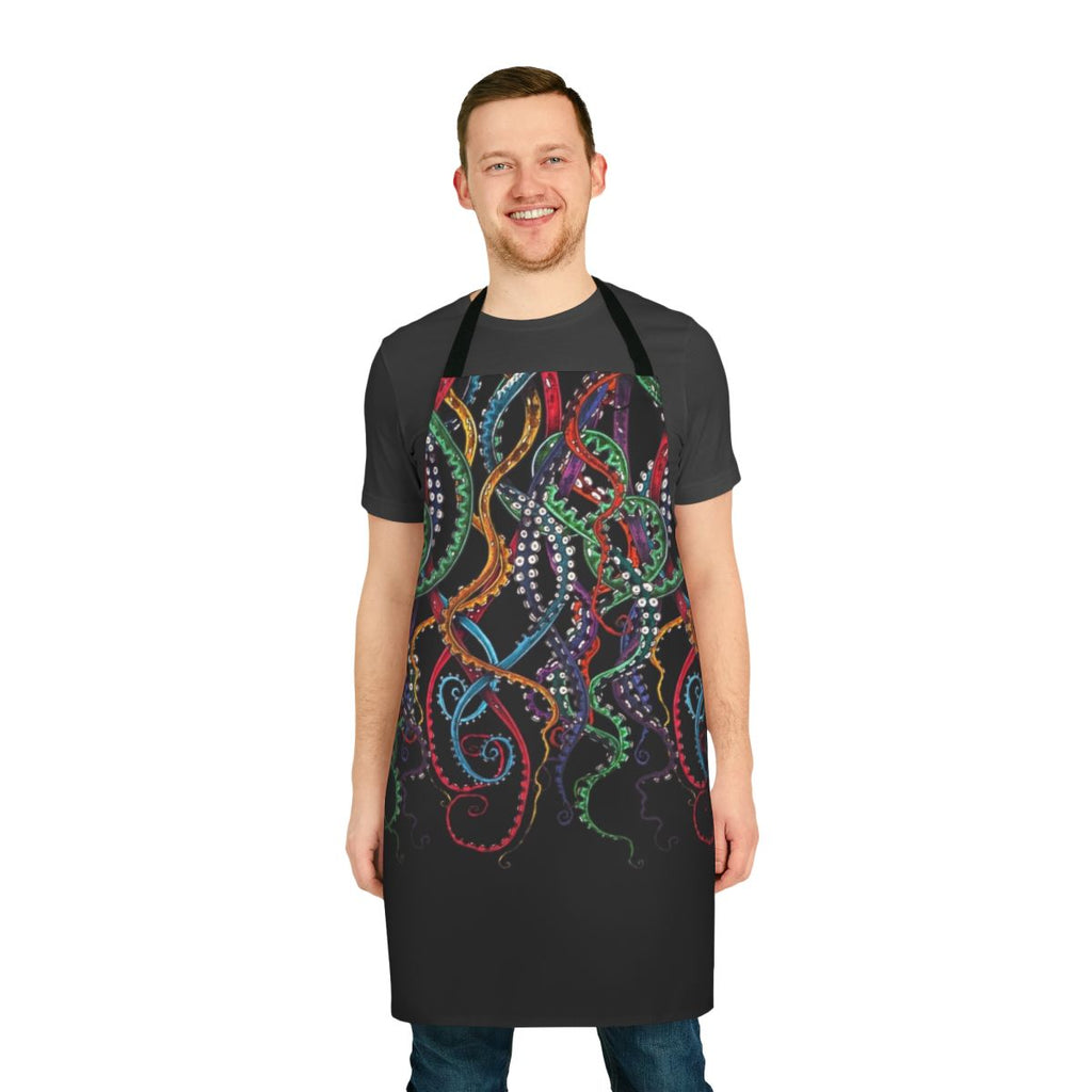 Colorful apron featuring a hand-drawn sketch of vibrant tentacles in a rainbow of hues.