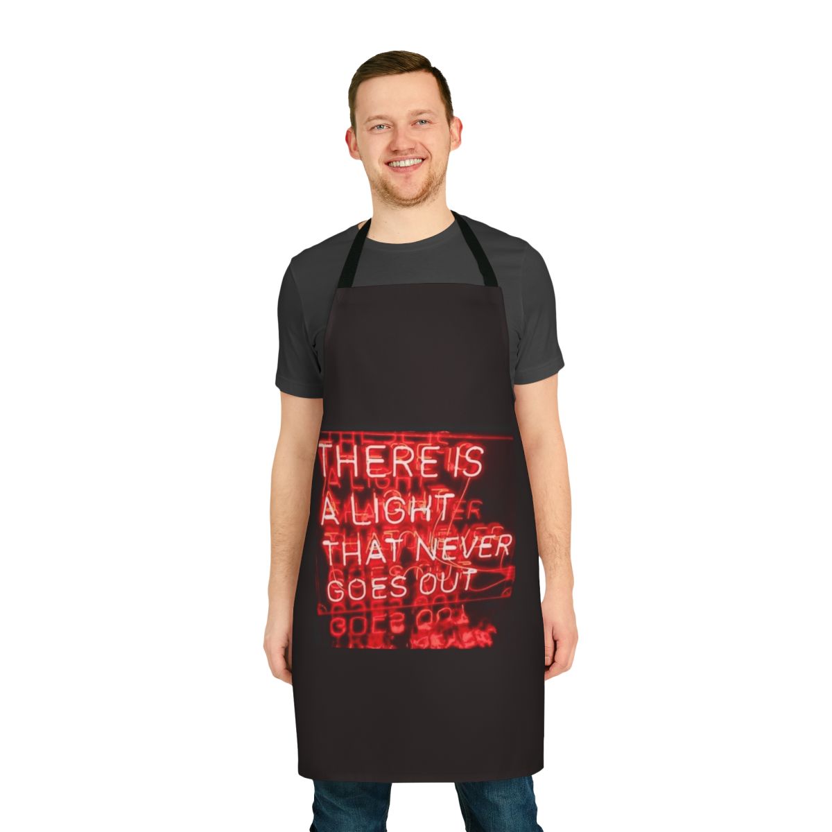 Apron featuring a neon light design inspired by the iconic song "There Is a Light That Never Goes Out" by The Smiths.
