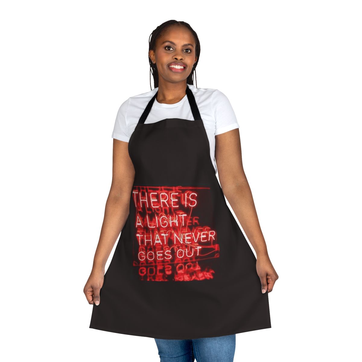 Apron featuring a neon light design inspired by the iconic song "There Is a Light That Never Goes Out" by The Smiths.