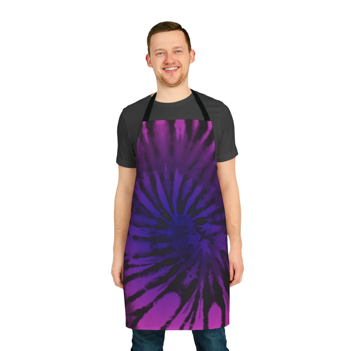 Colorful tie-dye pattern apron with fuchsia and purple tones, featuring a bohemian, ethnic design.