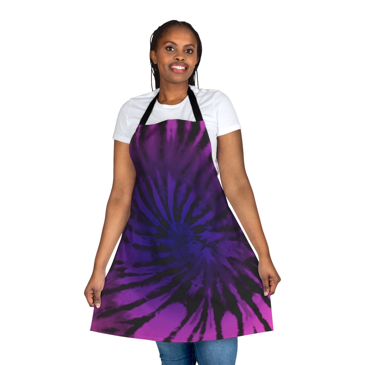 Colorful tie-dye pattern apron with fuchsia and purple tones, featuring a bohemian, ethnic design.