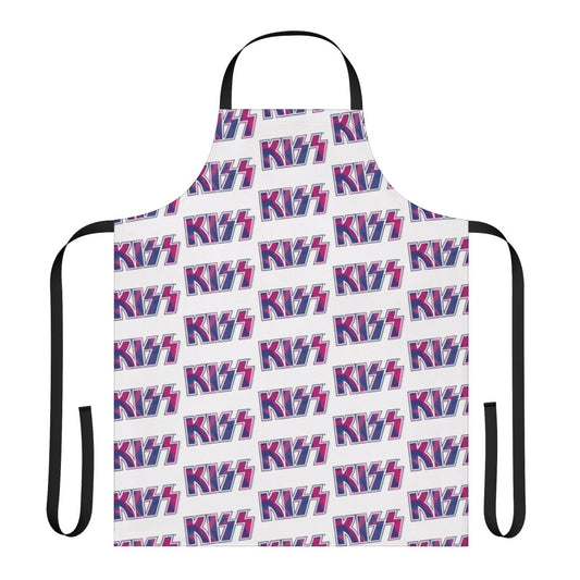 Vibrant pink and purple tie dye apron featuring the KISS the Band logo