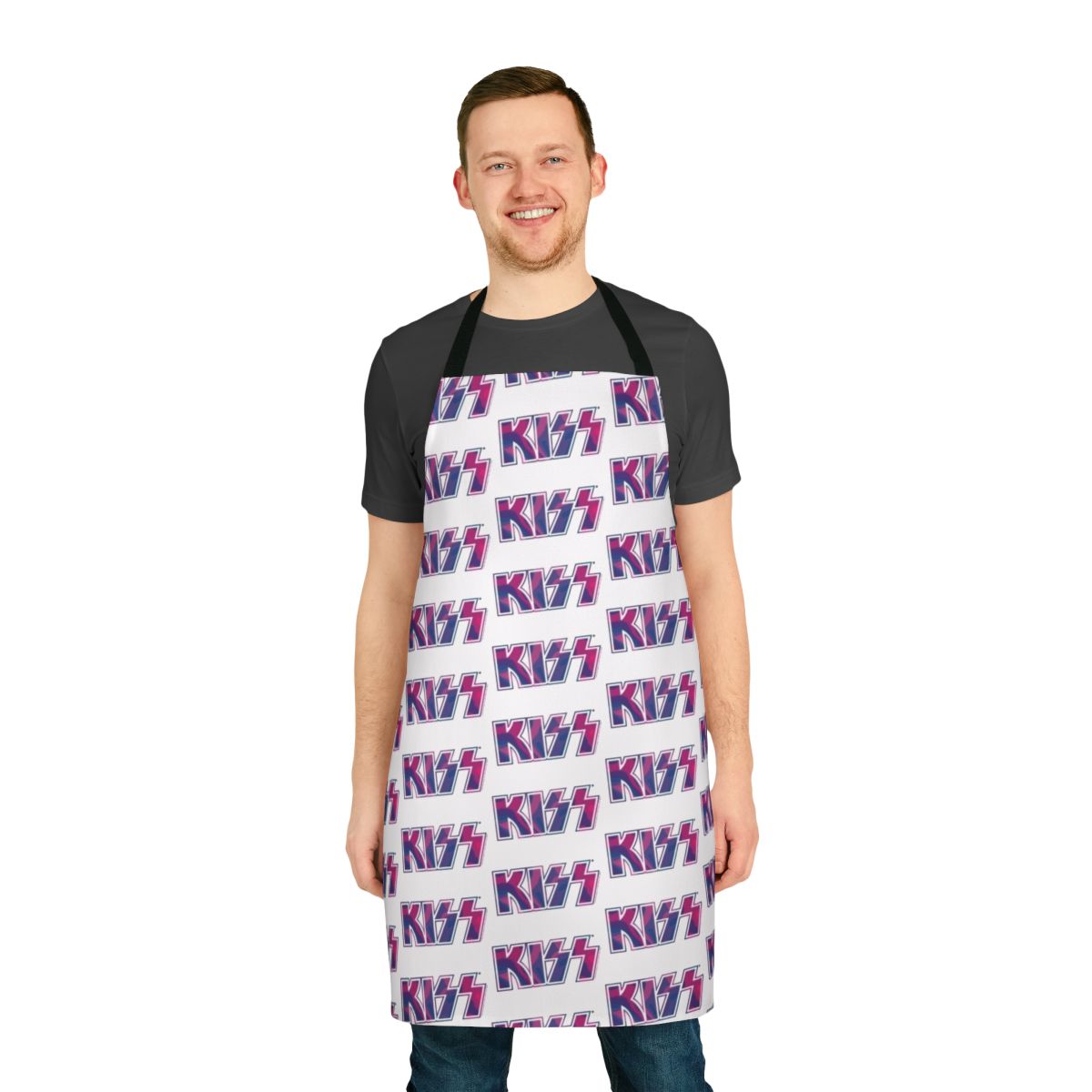 Vibrant pink and purple tie dye apron featuring the KISS the Band logo