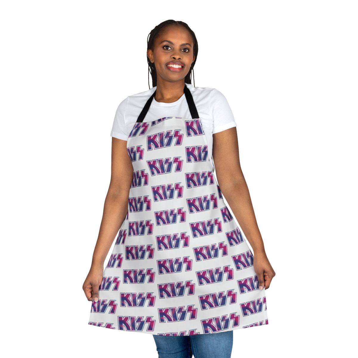 Vibrant pink and purple tie dye apron featuring the KISS the Band logo