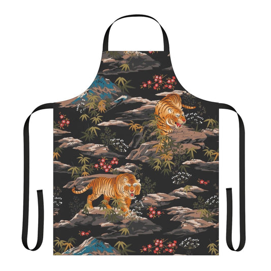 Beautifully designed apron featuring a vibrant tiger and floral pattern.