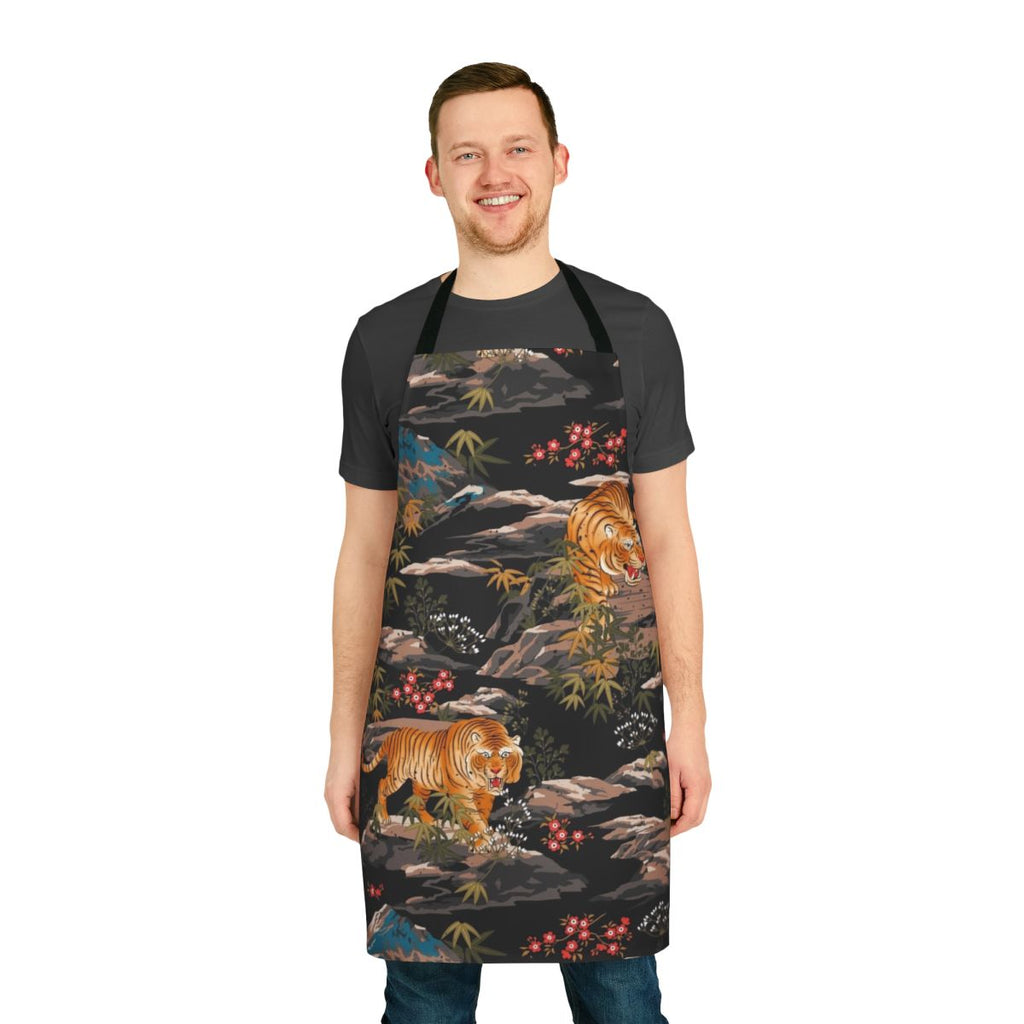 Beautifully designed apron featuring a vibrant tiger and floral pattern.