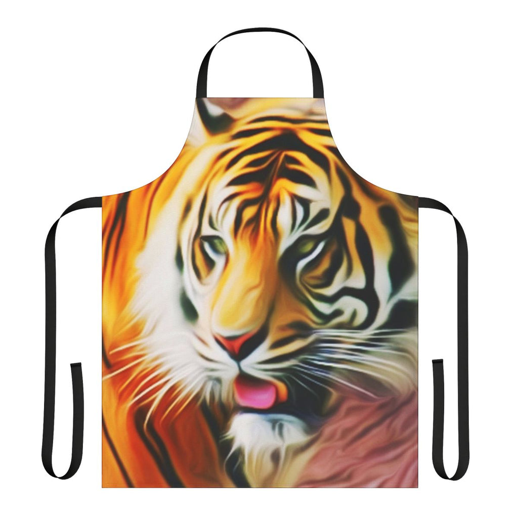 A vibrant, tiger-patterned apron with a fantasy art design