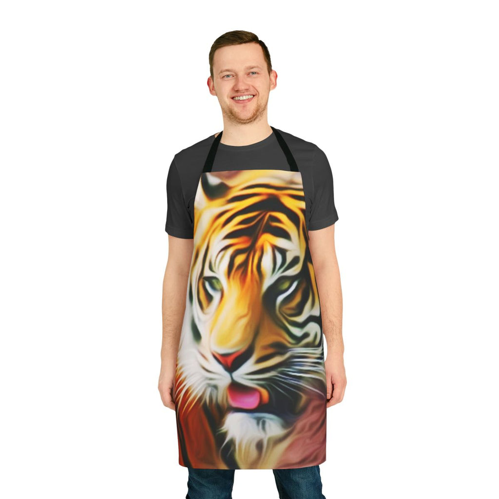 A vibrant, tiger-patterned apron with a fantasy art design