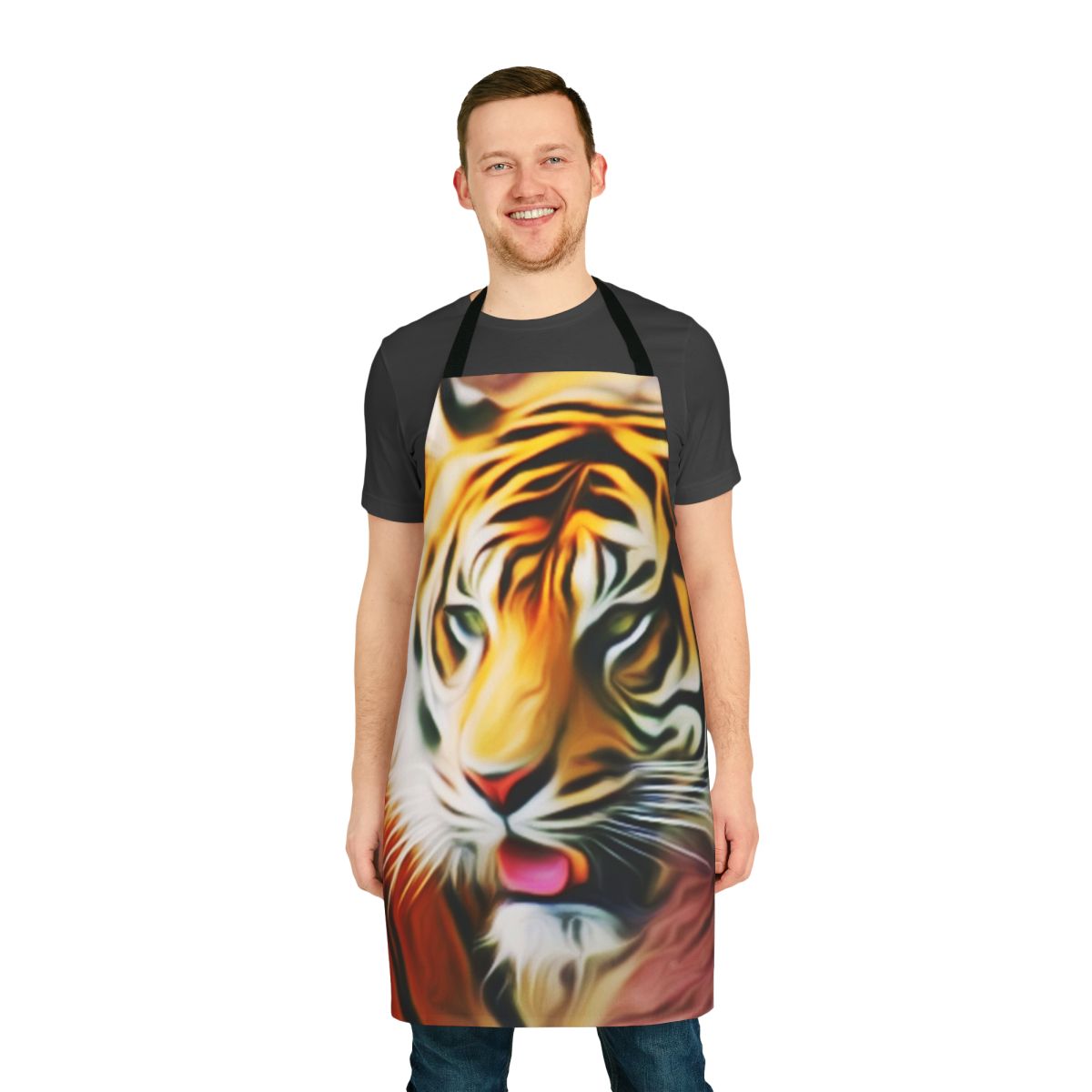 A vibrant, tiger-patterned apron with a fantasy art design