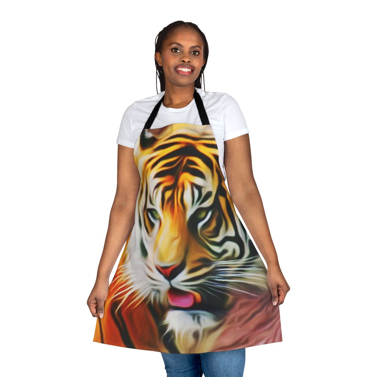 A vibrant, tiger-patterned apron with a fantasy art design