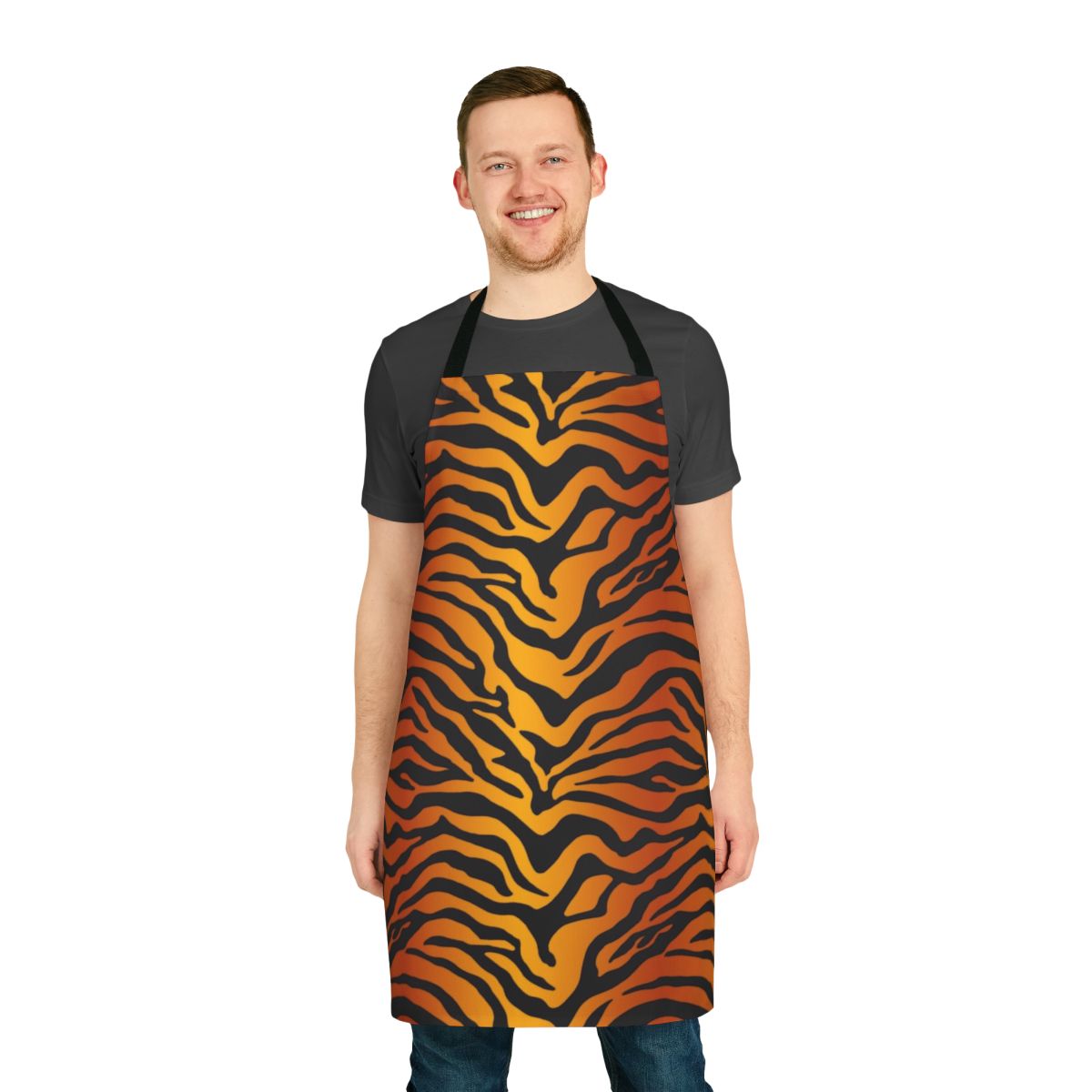 Tiger stripe print apron with bold orange and black pattern