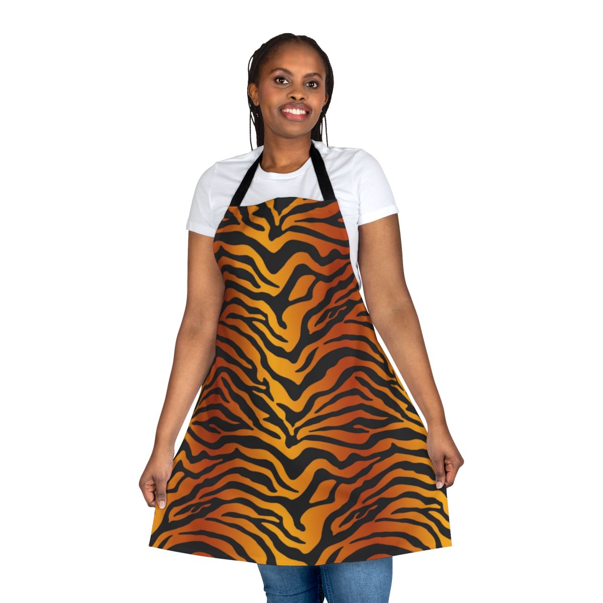 Tiger stripe print apron with bold orange and black pattern