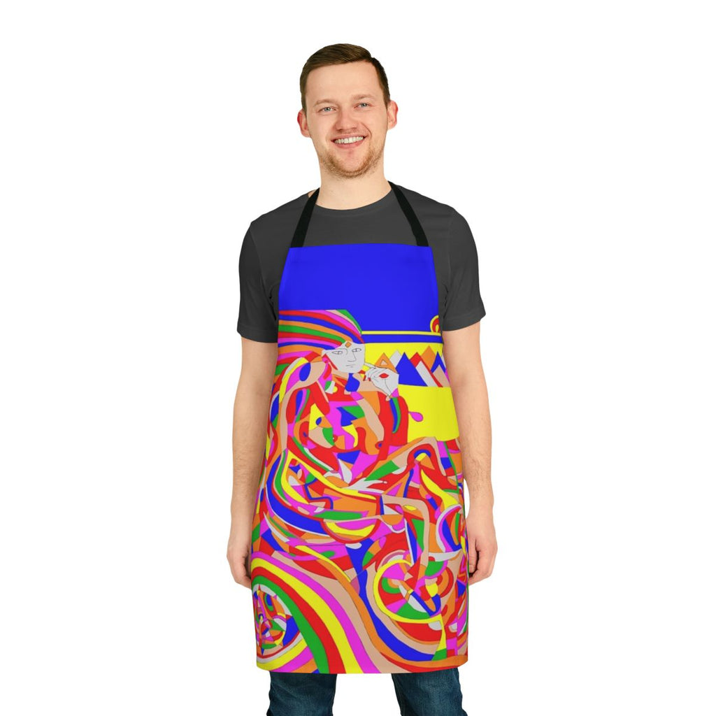 Colorful abstract time machine design on an apron