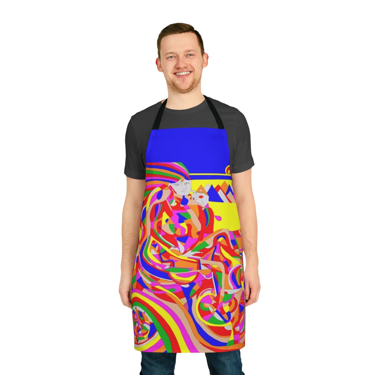 Colorful abstract time machine design on an apron
