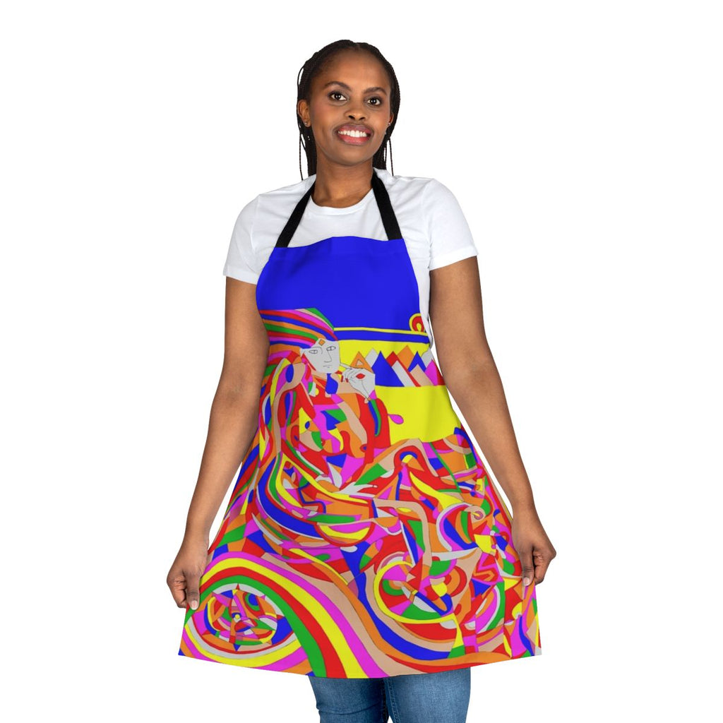 Colorful abstract time machine design on an apron