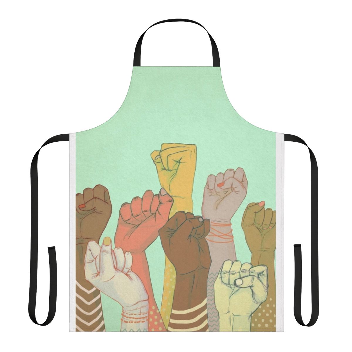 Colorful apron featuring a pattern of diverse hands and fists, symbolizing unity and community.