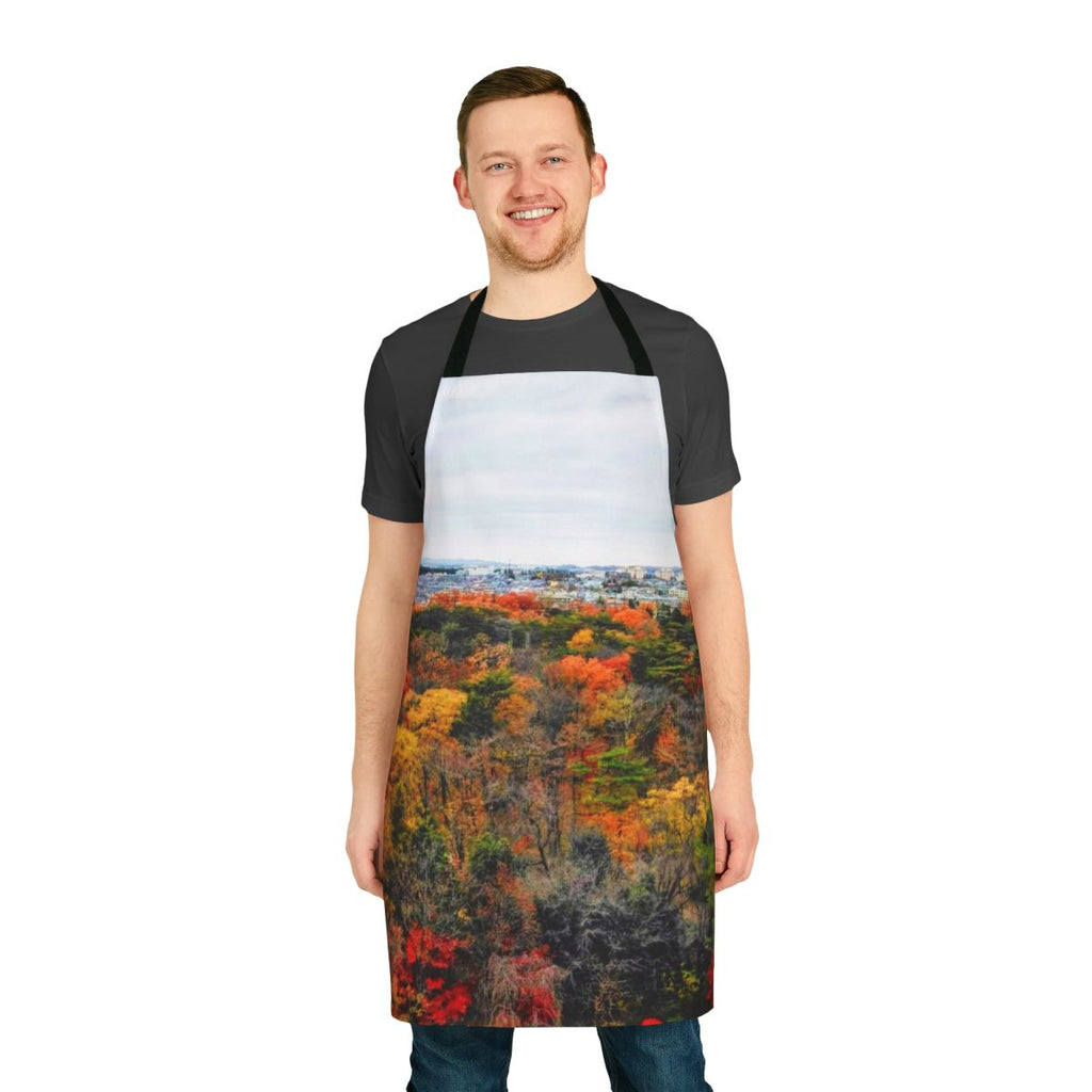 A colorful apron featuring a panoramic view of autumn foliage in Tokyo, Japan.